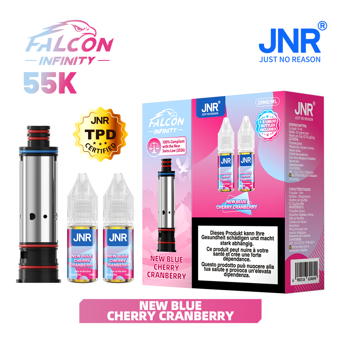 Recharge JNR Falcon Infinity 55K - New Blue Cherry Cranberry | Cartouche + 2 E-Liquides