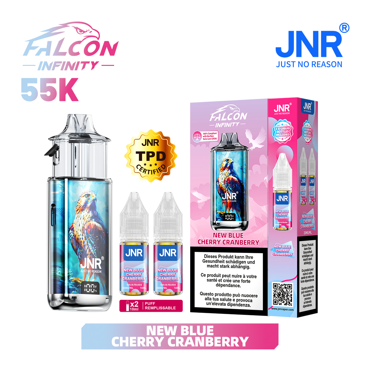Kit Puff JNR Falcon Infinity 55K - New Blue Cherry Cranberry | Vape Rechargeable + 2 E-Liquides