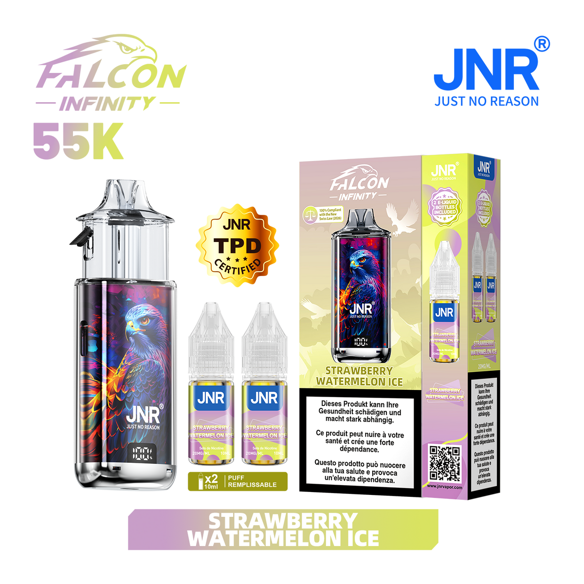 Kit Puff JNR Falcon Infinity 55K - Strawberry Watermelon Ice | Vape Rechargeable + 2 E-Liquides