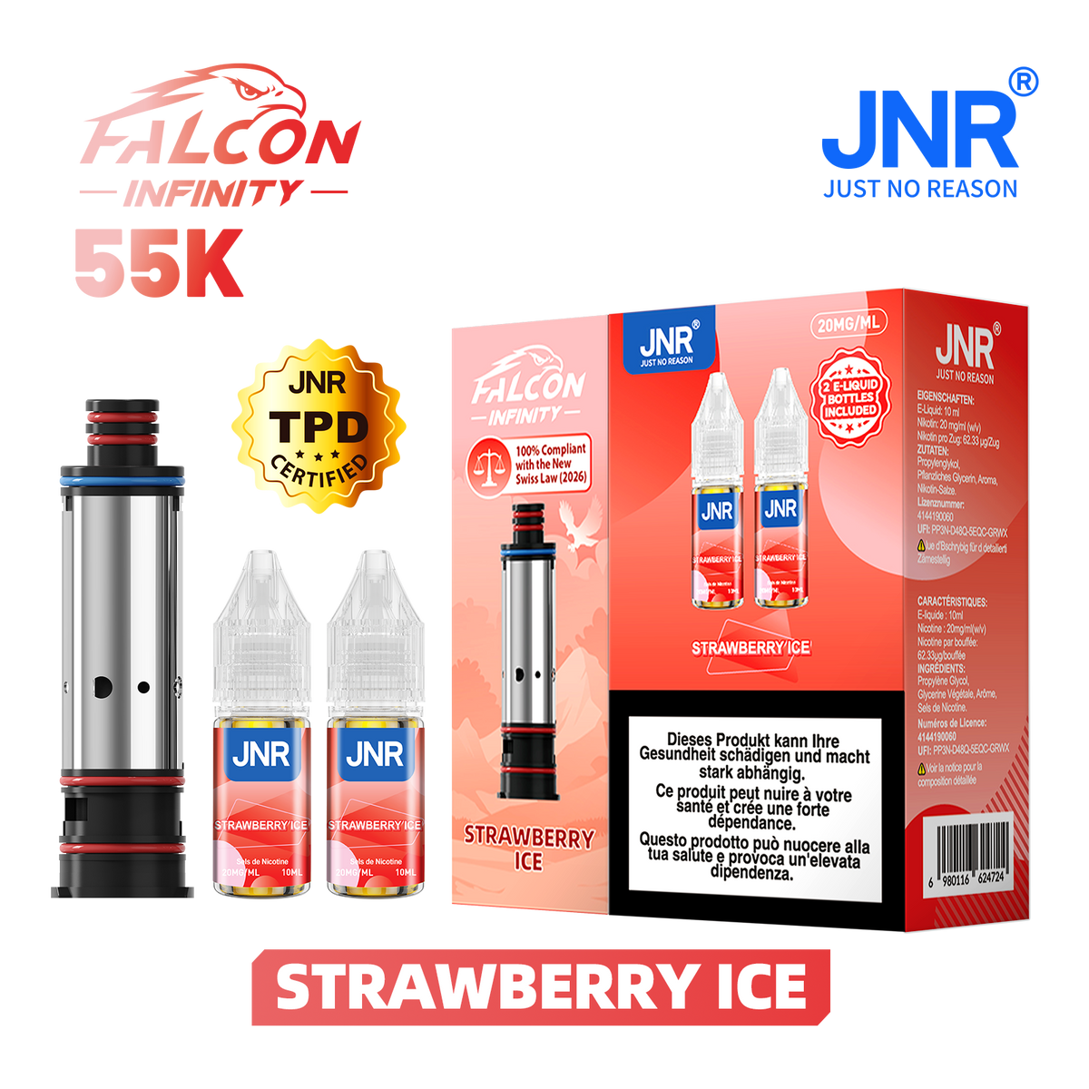 Recharge JNR Falcon Infinity 55K - Strawberry Ice | Cartouche + 2 E-Liquides