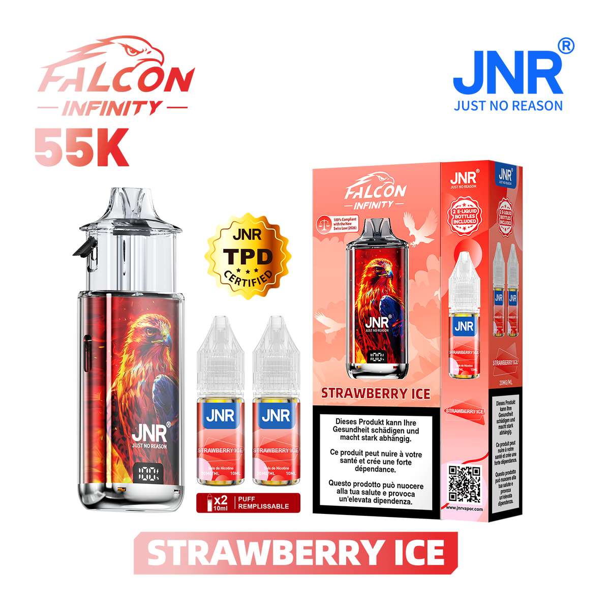 Kit Puff JNR Falcon Infinity 55K - Strawberry Ice | Vape Rechargeable + 2 E-Liquides