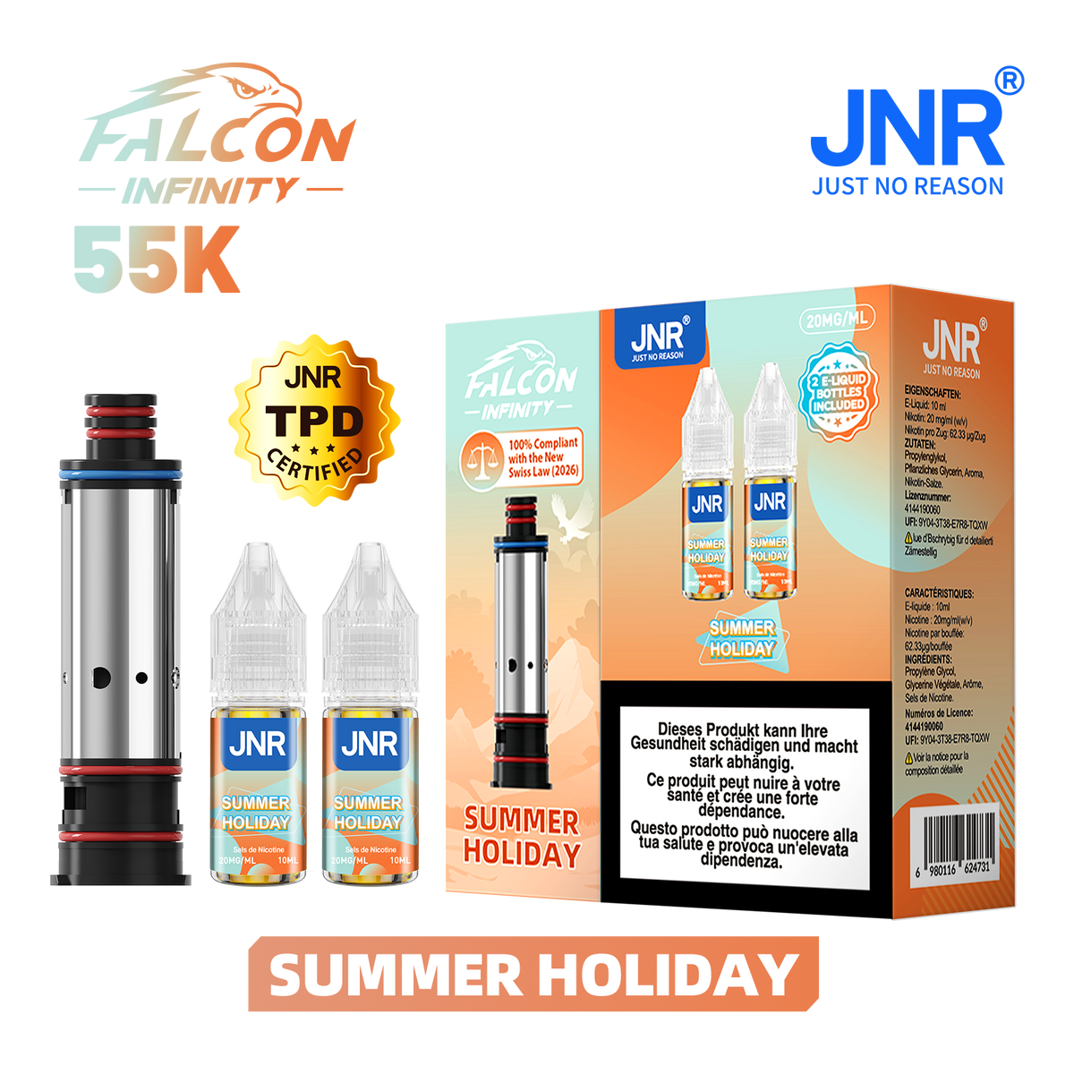 Recharge JNR Falcon Infinity 55K - Summer Holiday | Cartouche + 2 E-Liquides