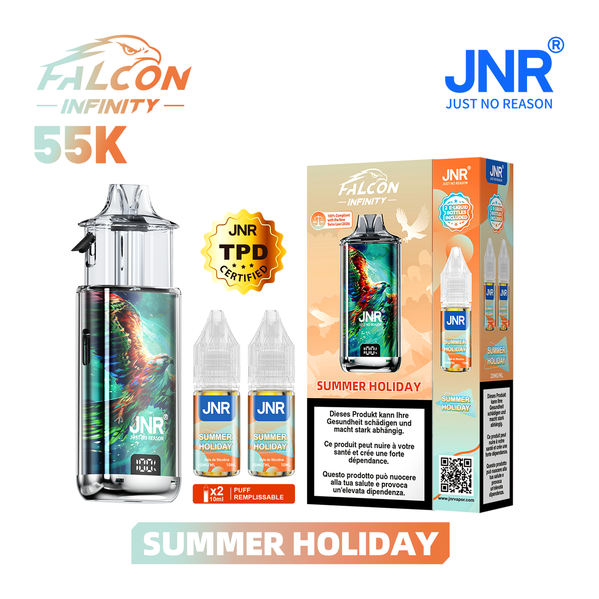 Kit Puff JNR Falcon Infinity 55K - Summer Holiday | Vape Rechargeable + 2 E-Liquides