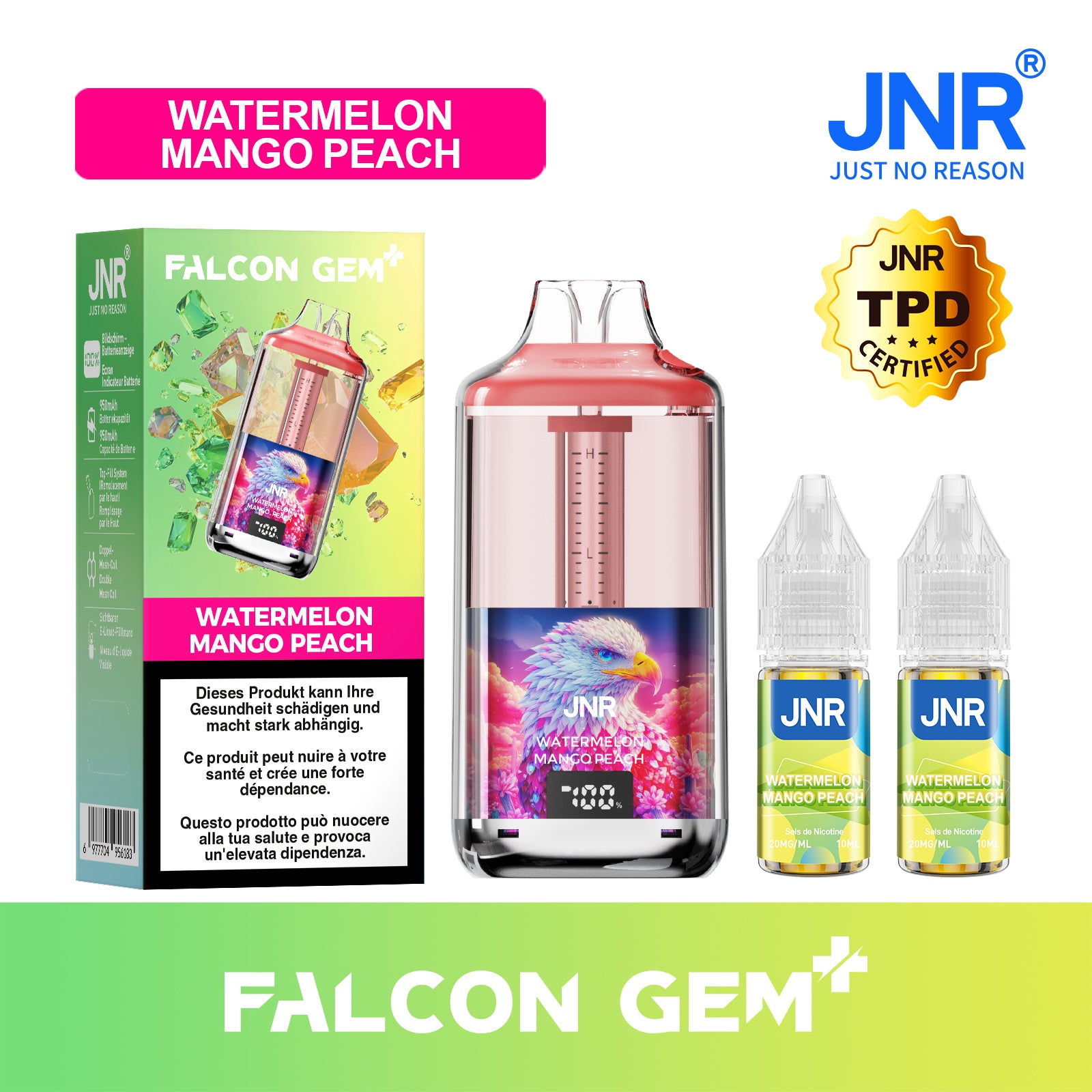 JNR Falcon Gem - Watermelon Mango Peach | Vape Trio Exotique & Écran