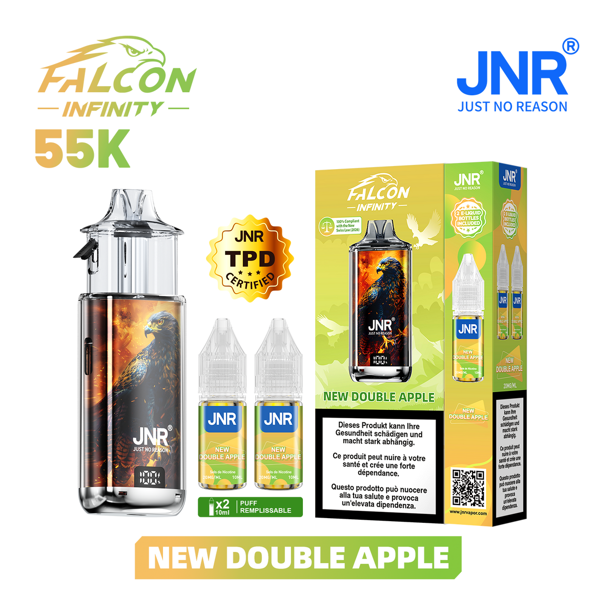 Kit Puff JNR Falcon Infinity 55K - New Double Apple | Vape Rechargeable + 2 E-Liquides