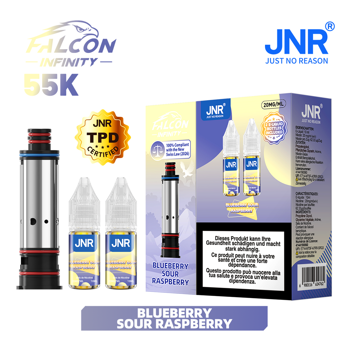 Recharge JNR Falcon Infinity 55K - Blueberry Sour Raspberry | Cartouche + 2 E-Liquides