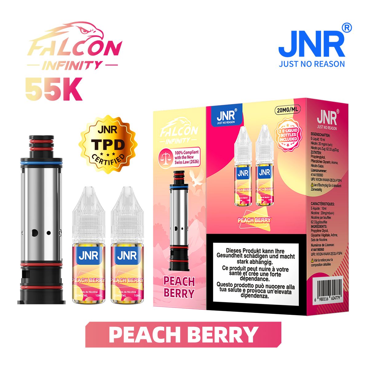 Recharge JNR Falcon Infinity 55K - Peach Berry | Cartouche + 2 E-Liquides