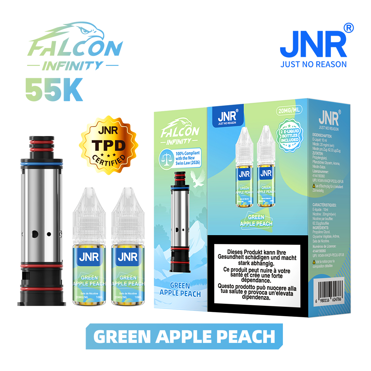 Recharge JNR Falcon Infinity 55K - Green Apple Peach | Cartouche + 2 E-Liquides