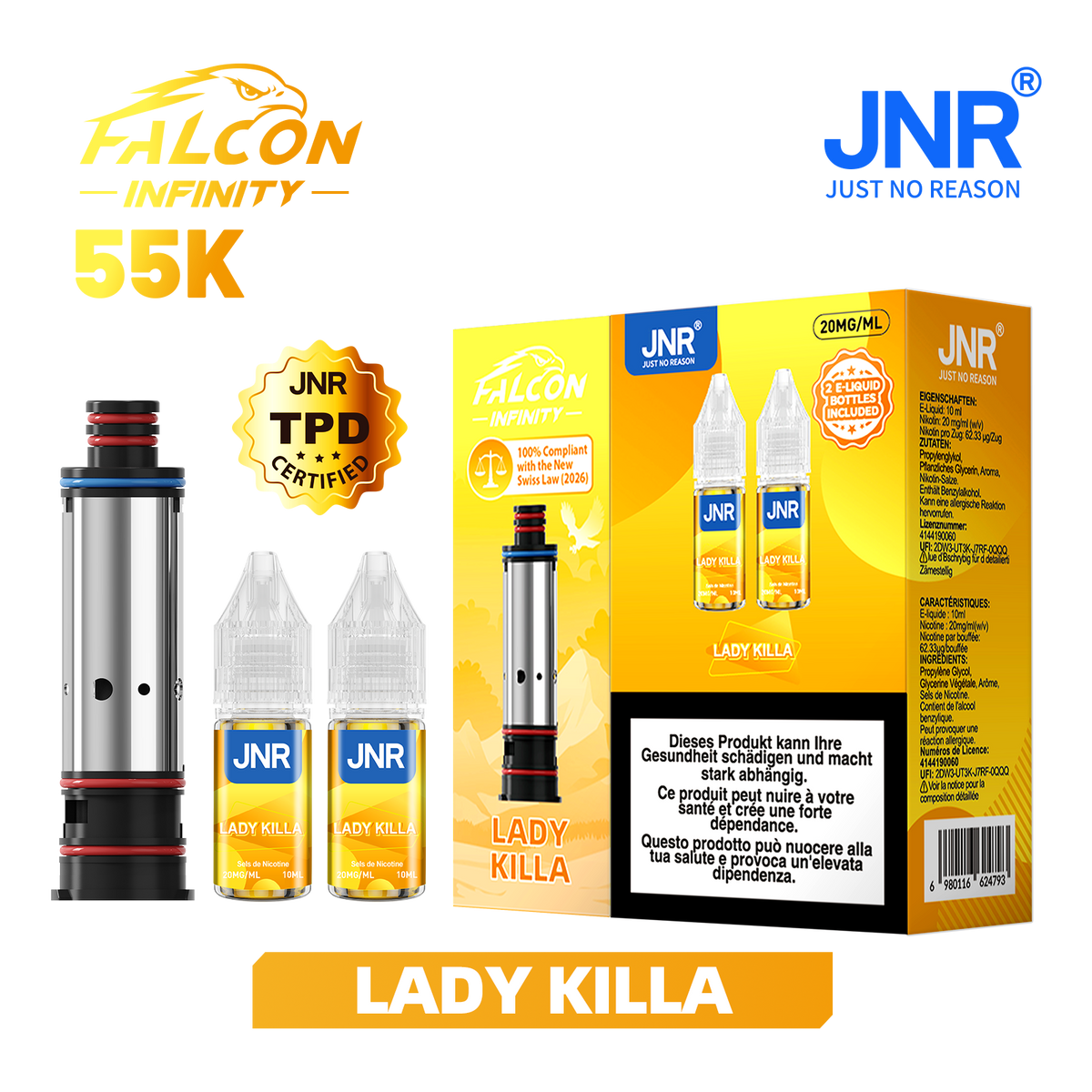 Recharge JNR Falcon Infinity 55K - Lady Killa | Cartouche + 2 E-Liquides