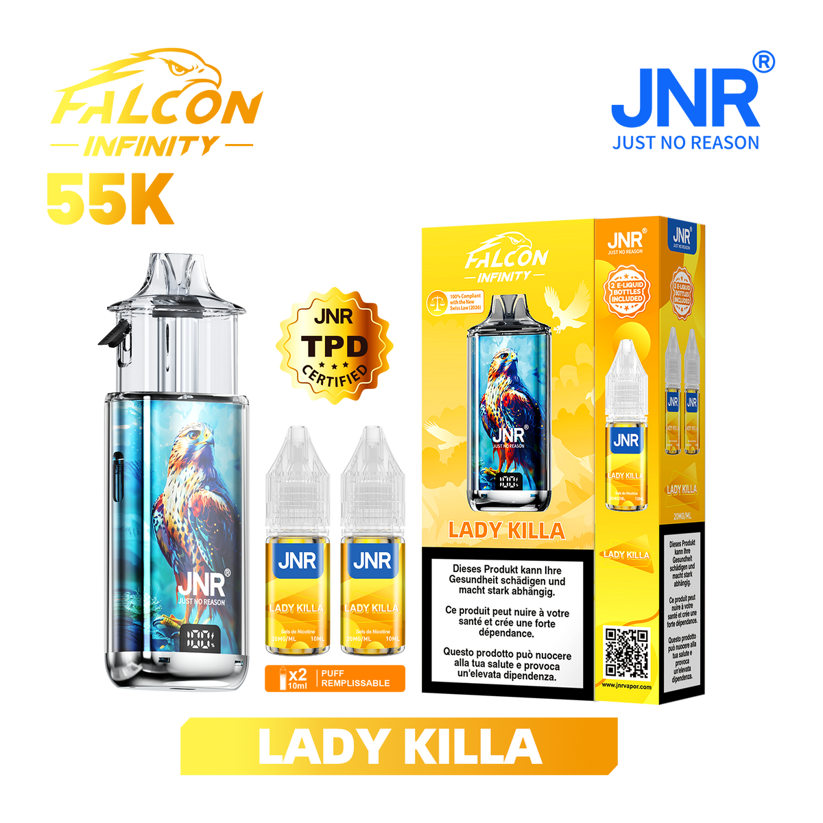 Kit Puff JNR Falcon Infinity 55K - Lady Killa | Vape Rechargeable + 2 E-Liquides