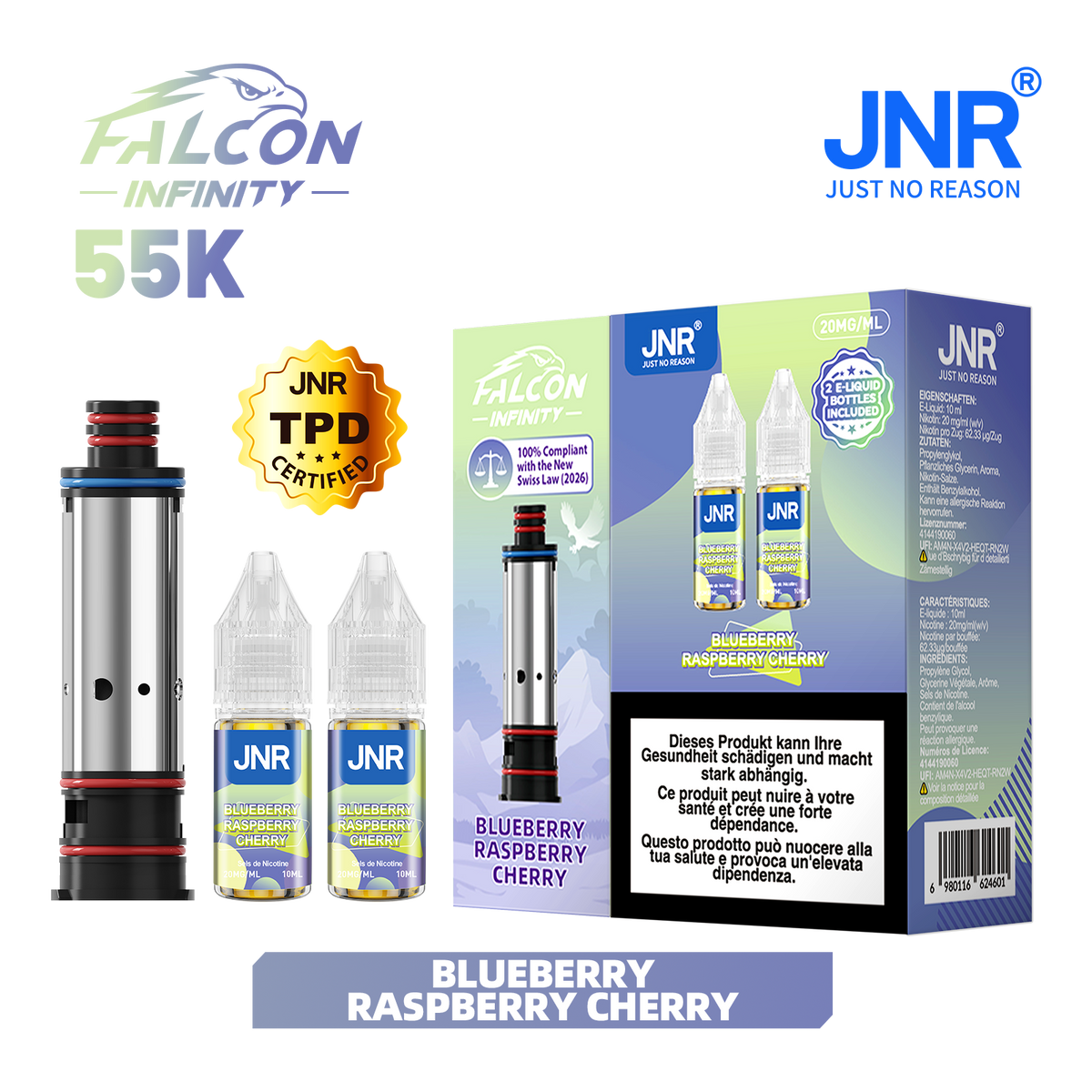 Recharge JNR Falcon Infinity 55K - Blueberry Raspberry Cherry | Cartouche + 2 E-Liquides