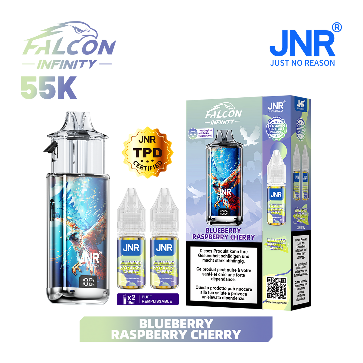 Kit Puff JNR Falcon Infinity 55K - Blueberry Raspberry Cherry | Vape Rechargeable + 2 E-Liquides