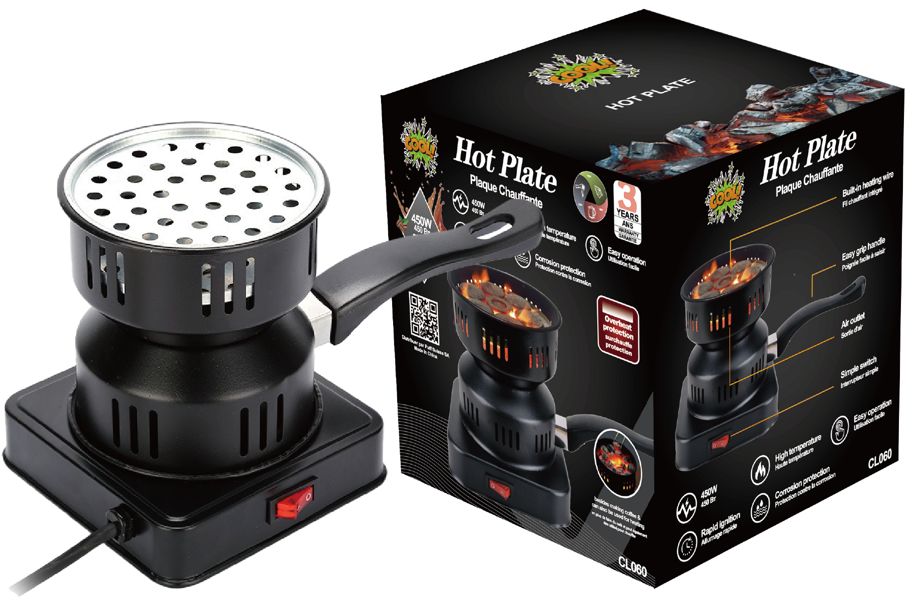 Allume-Charbon Électrique COOL! 450W - Plaque Chauffante Premium avec Poignée pour Charbon Naturel Chicha