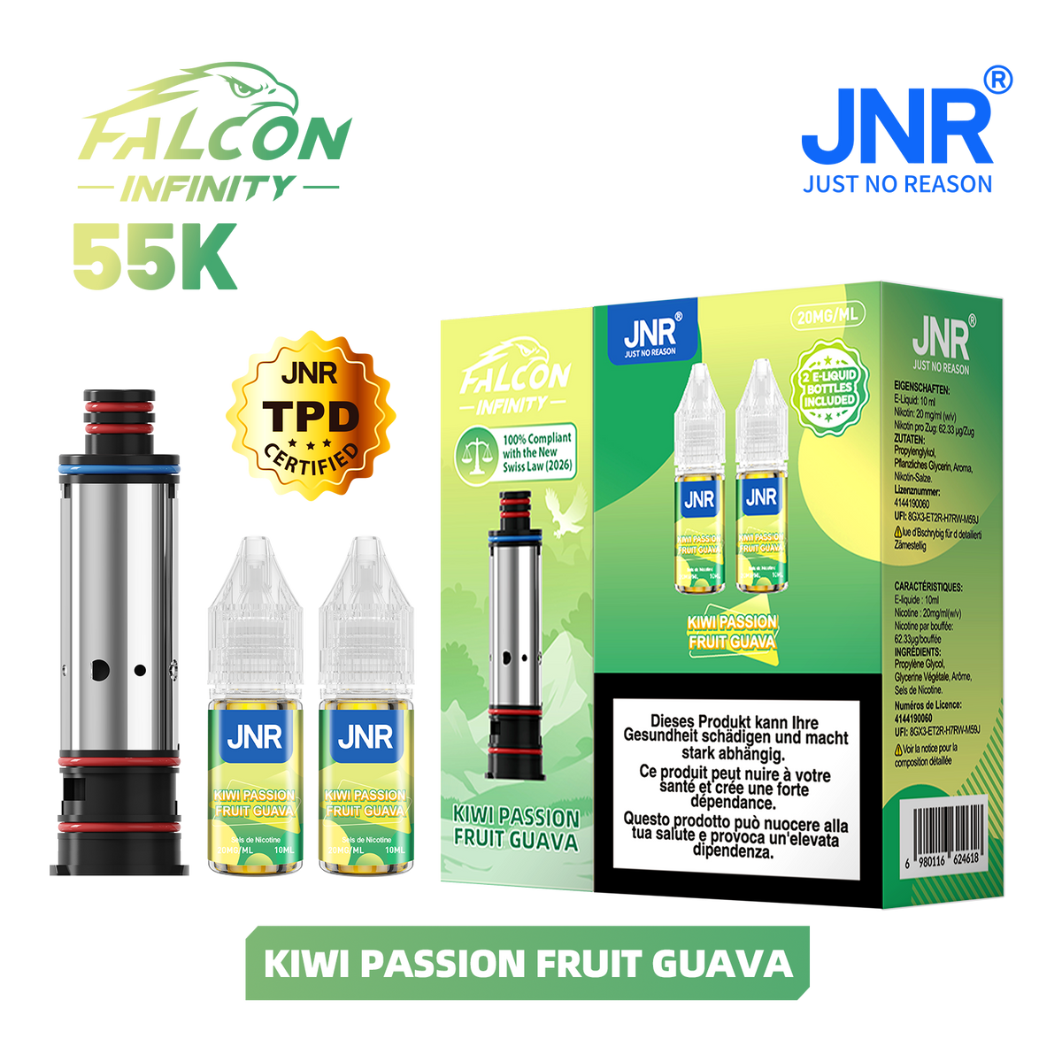 Recharge JNR Falcon Infinity 55K - Kiwi Passion Fruit Guava | Cartouche + 2 E-Liquides