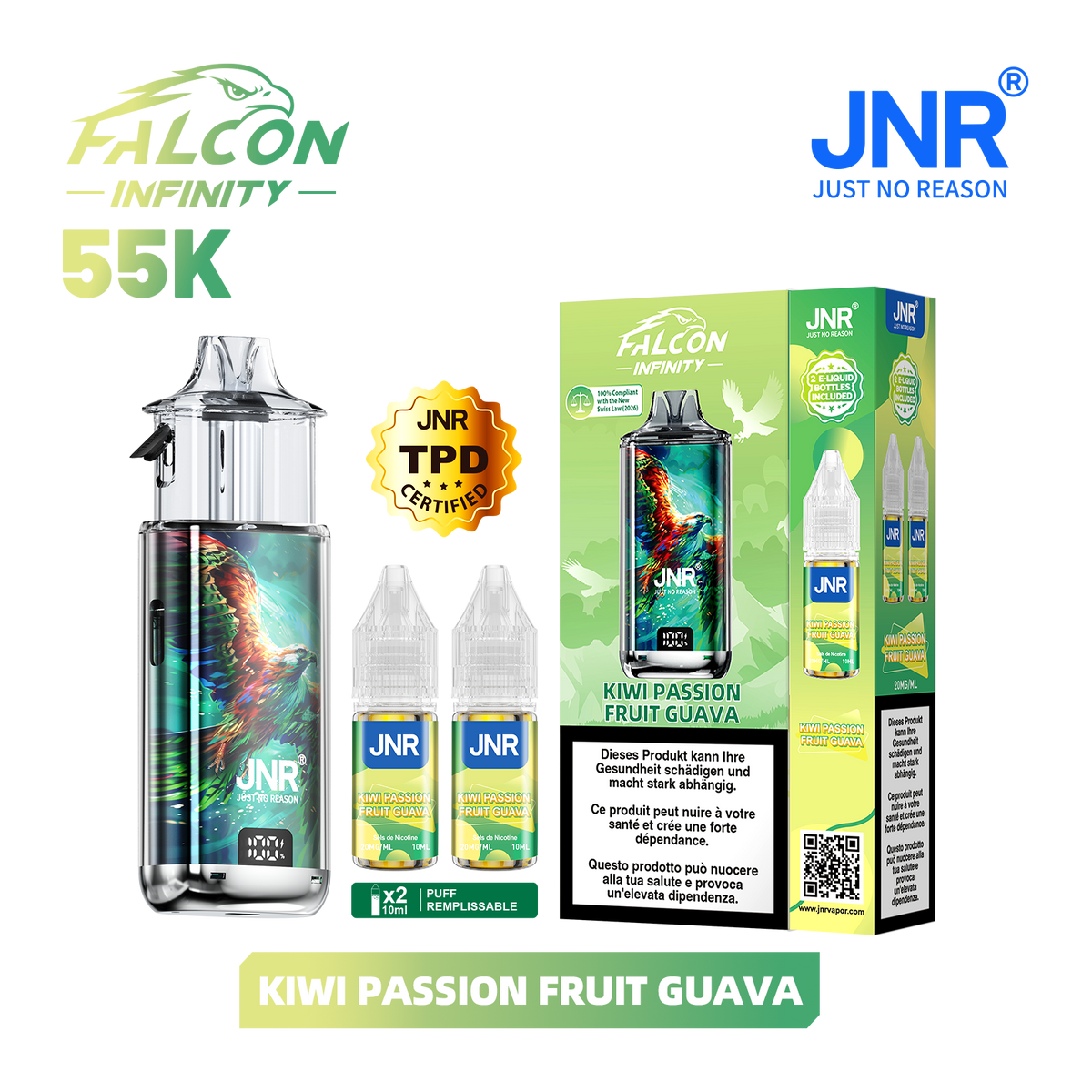 Kit Puff JNR Falcon Infinity 55K - Kiwi Passion Fruit Guava | Vape Rechargeable + 2 E-Liquides