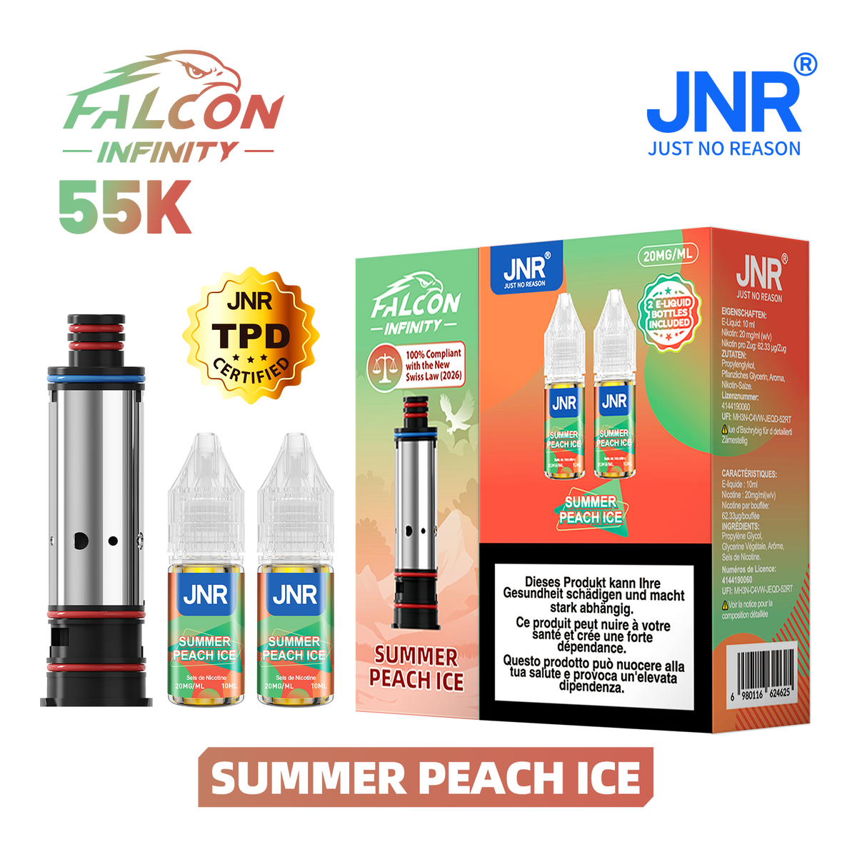 Recharge JNR Falcon Infinity 55K - Summer Peach Ice | Cartouche + 2 E-Liquides