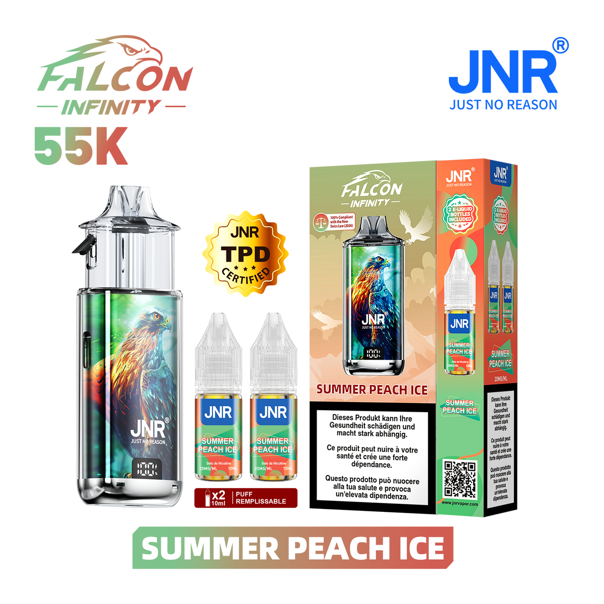 Kit Puff JNR Falcon Infinity 55K - Summer Peach Ice | Vape Rechargeable + 2 E-Liquides