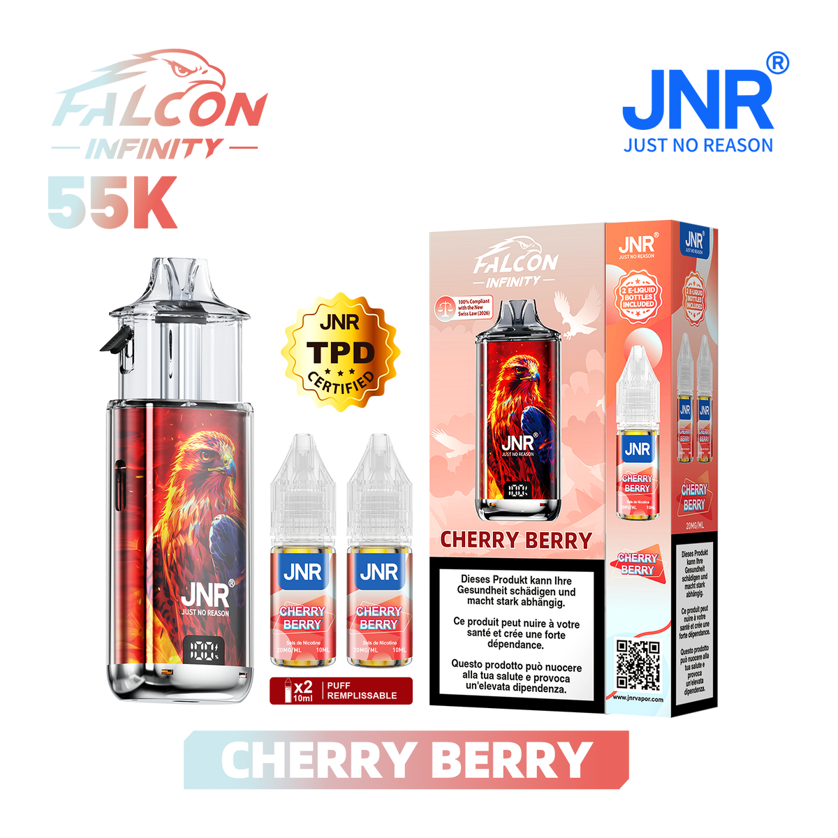 Kit Puff JNR Falcon Infinity 55K - Cherry Berry | Vape Rechargeable + 2 E-Liquides