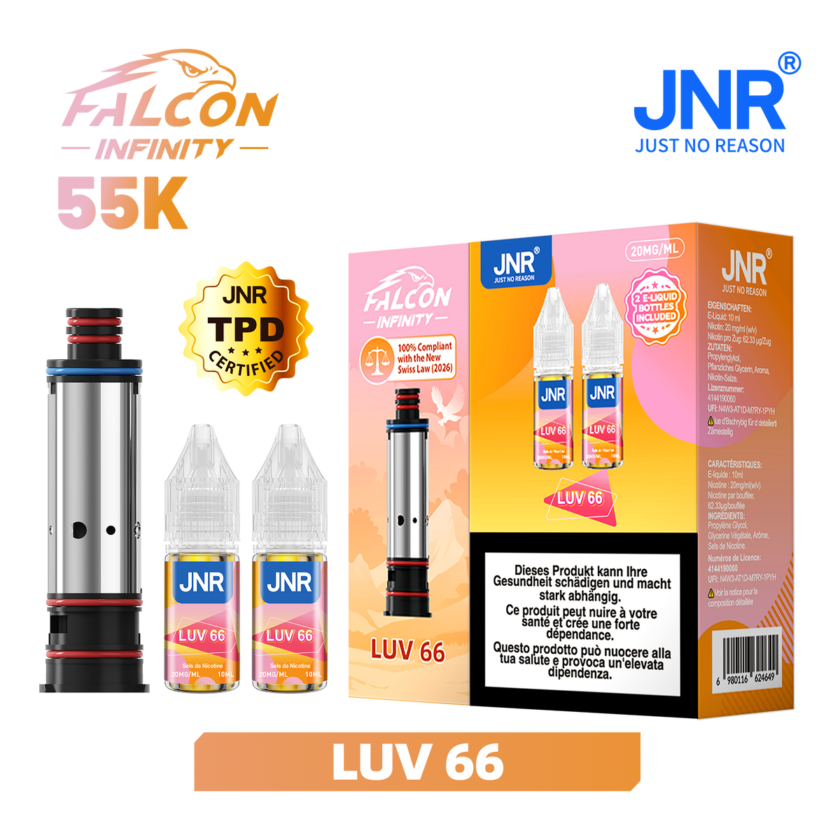 Recharge JNR Falcon Infinity 55K - LUV 66 | Cartouche + 2 E-Liquides