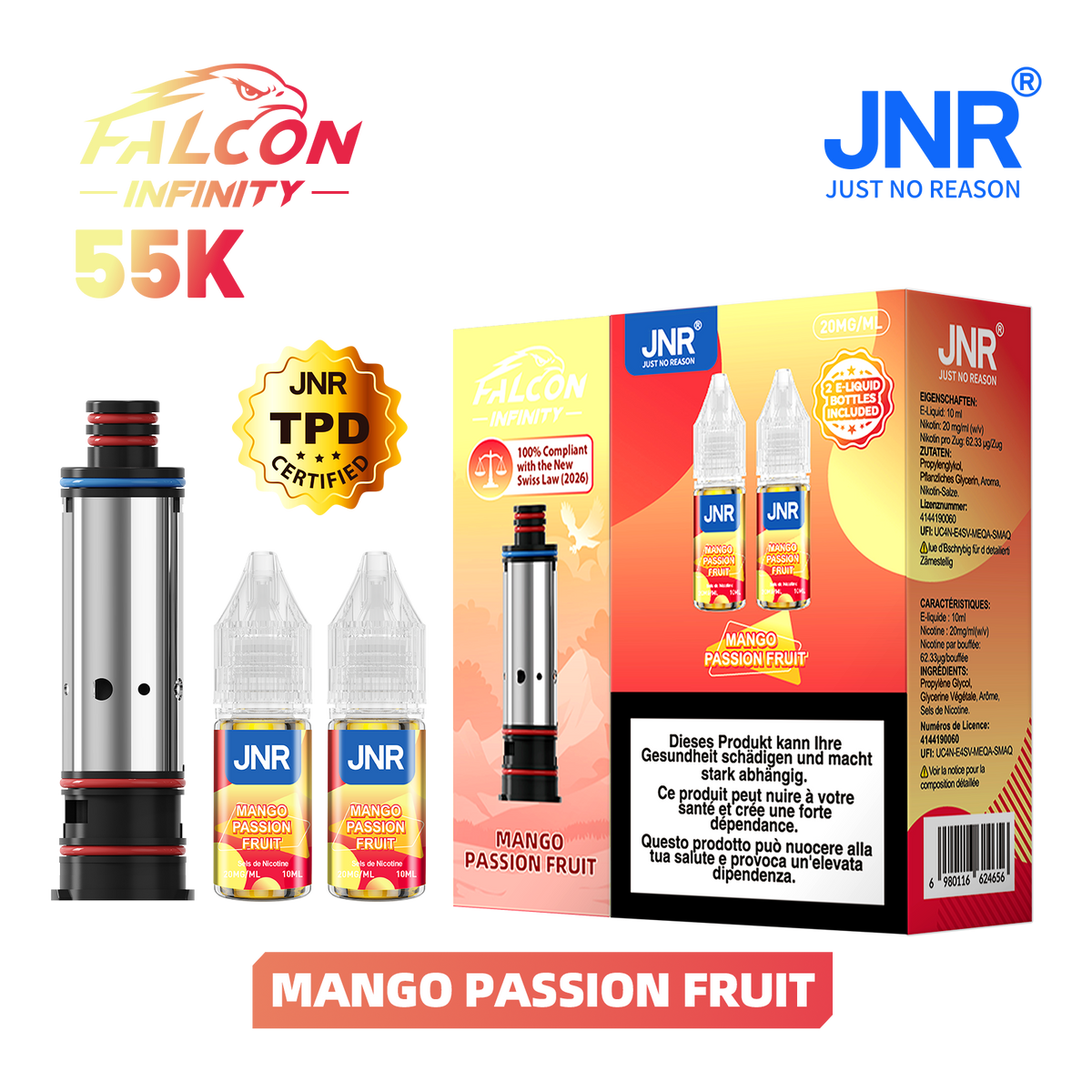 Recharge JNR Falcon Infinity 55K - Mango Passion Fruit | Cartouche + 2 E-Liquides