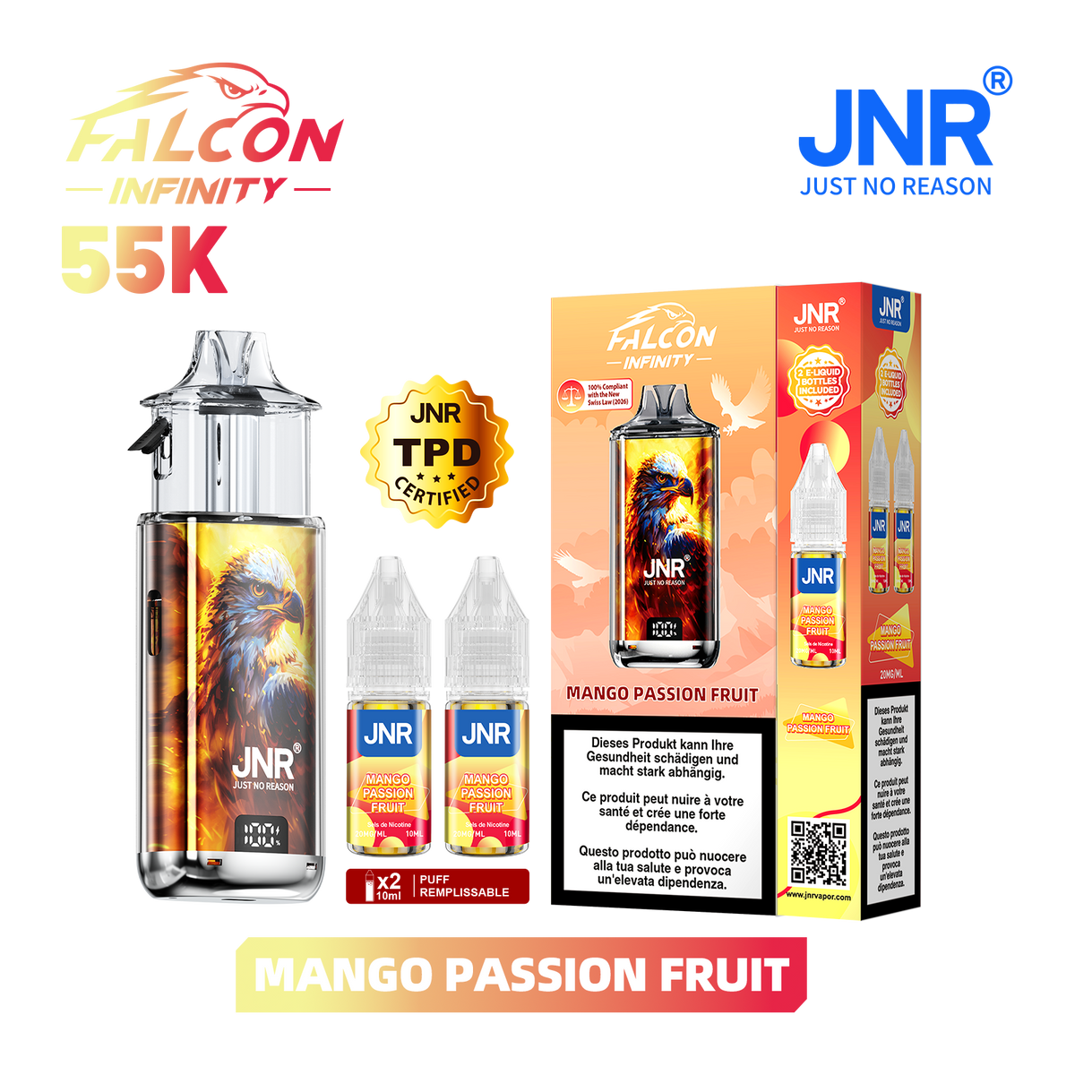 Kit Puff JNR Falcon Infinity 55K - Mango Passion Fruit | Vape Rechargeable + 2 E-Liquides
