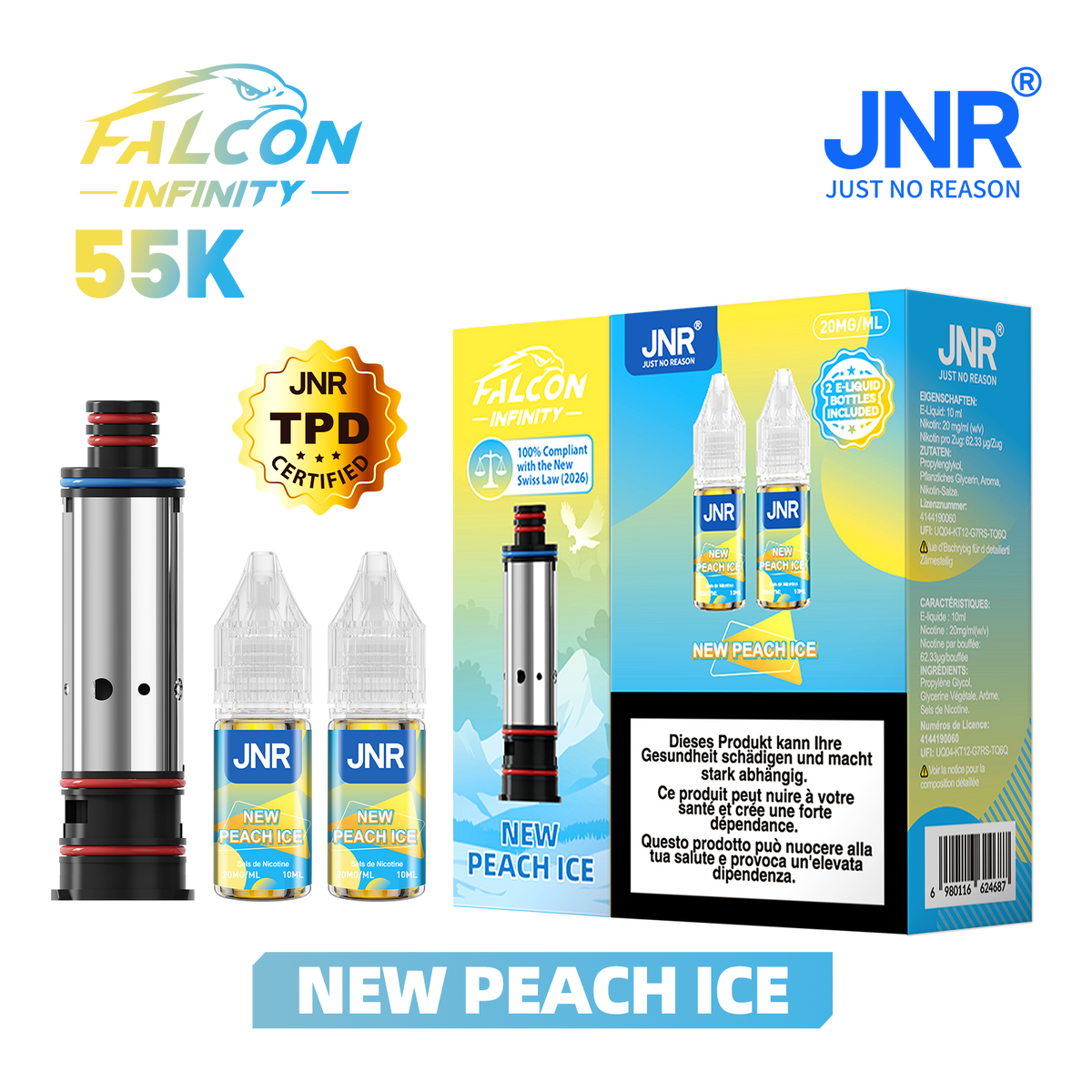 Recharge JNR Falcon Infinity 55K - New Peach Ice | Cartouche + 2 E-Liquides