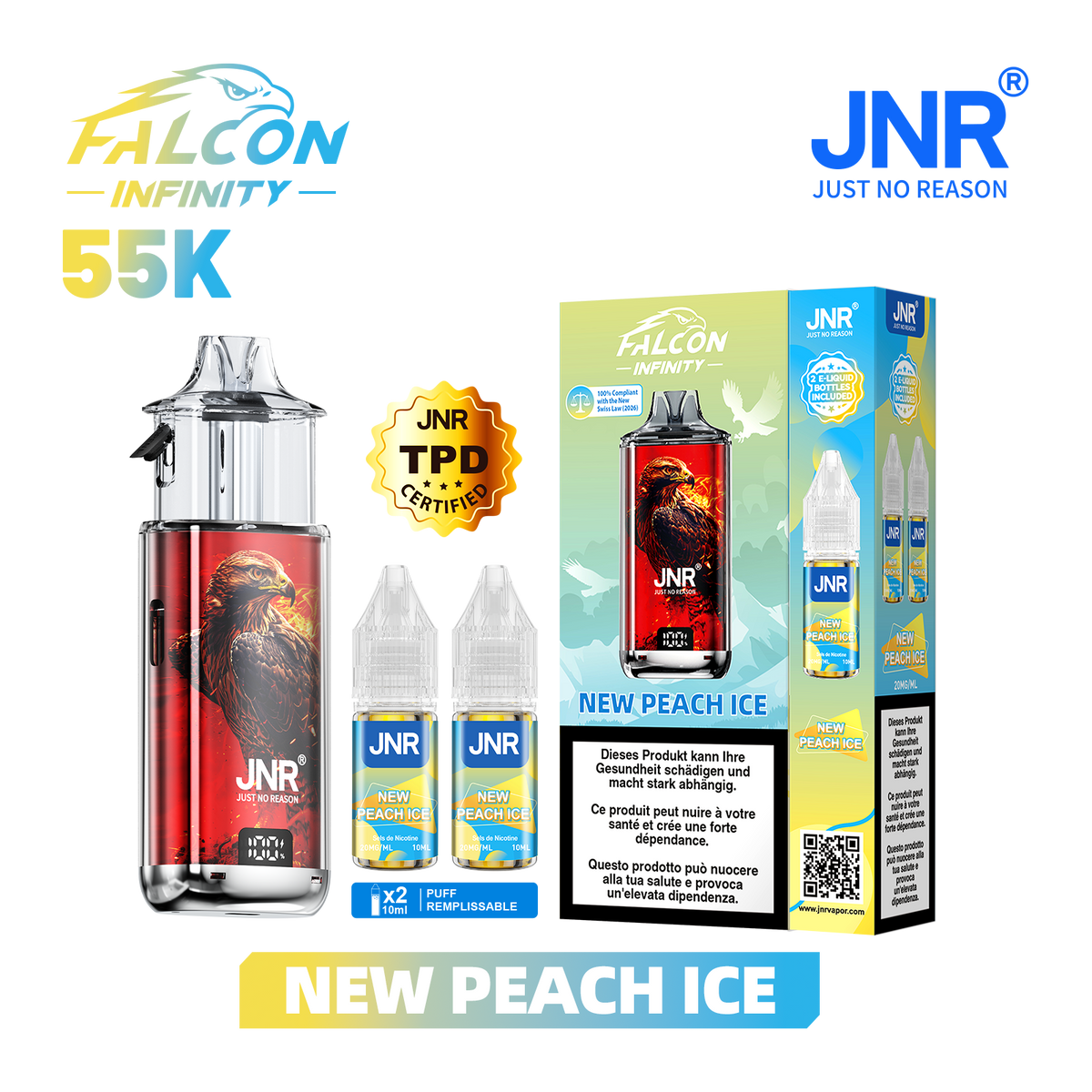 Kit Puff JNR Falcon Infinity 55K - New Peach Ice | Vape Rechargeable + 2 E-Liquides