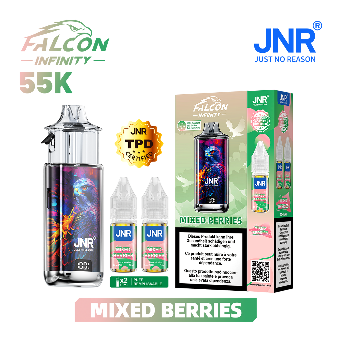 Kit Puff JNR Falcon Infinity 55K - Mixed Berries | Vape Rechargeable + 2 E-Liquides