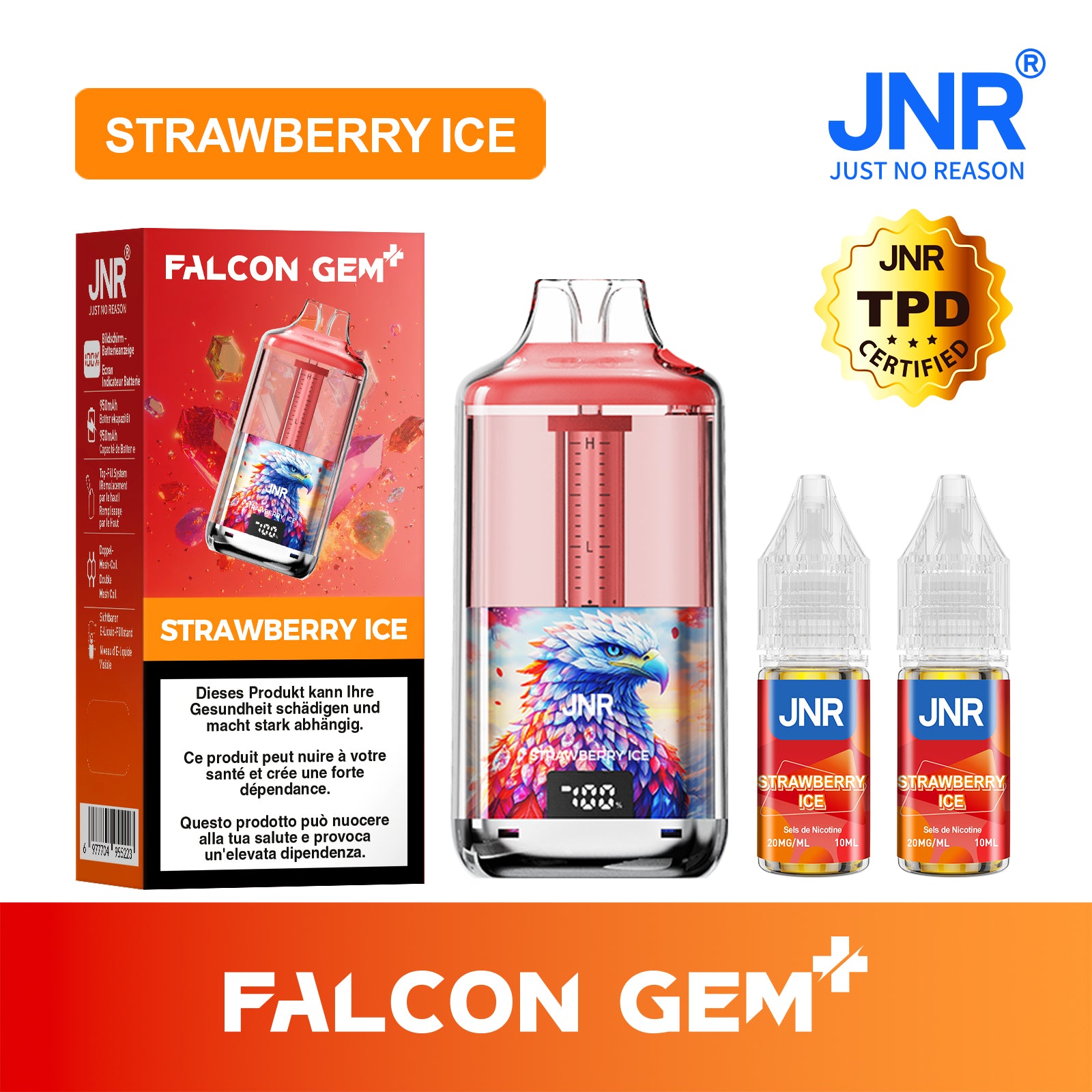 JNR Falcon Gem - Strawberry Ice | Kit Vape Rechargeable & Écran Digital