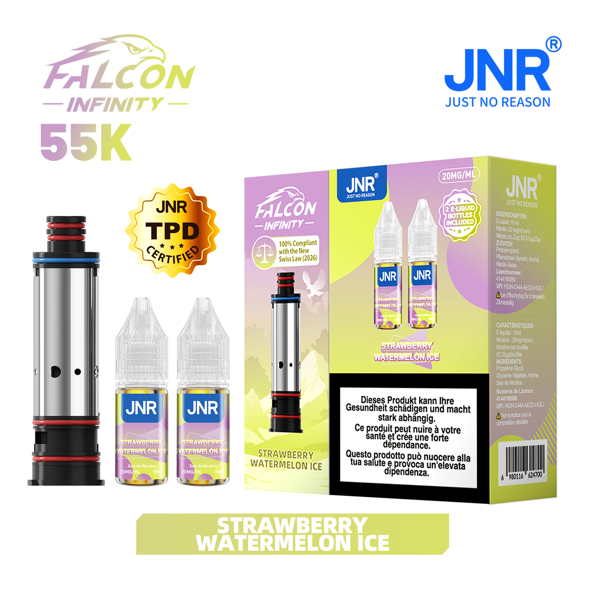 Recharge JNR Falcon Infinity 55K - Strawberry Watermelon Ice | Cartouche + 2 E-Liquides