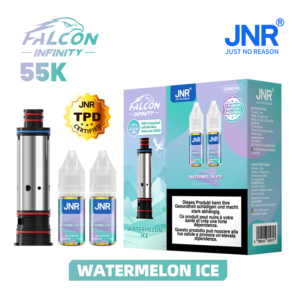 Recharge JNR Falcon Infinity 55K - Watermelon Ice | Cartouche + 2 E-Liquides