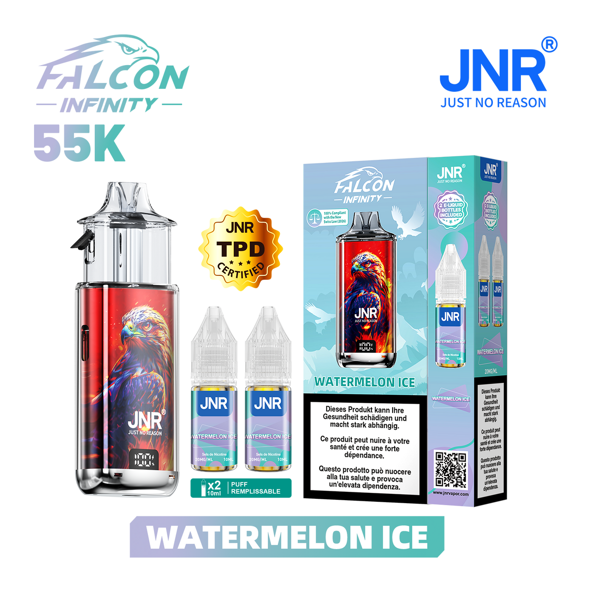 Kit Puff JNR Falcon Infinity 55K - Watermelon Ice | Vape Rechargeable + 2 E-Liquides