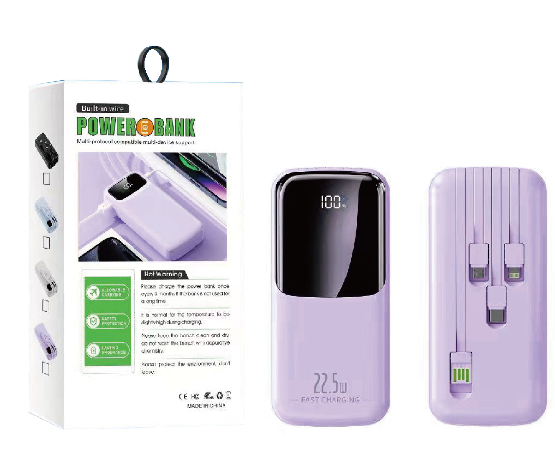 Compact 10000mAh Power Bank with Built-In Cables (22.5W) - Fast Charging Power Bank