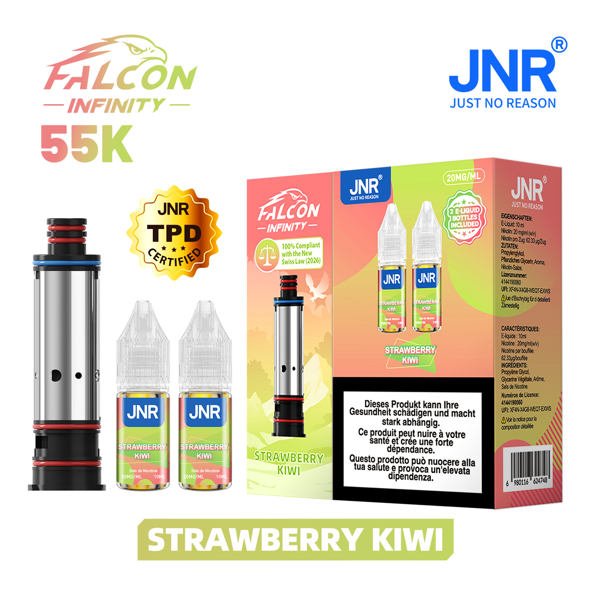 Recharge JNR Falcon Infinity 55K - Strawberry Kiwi | Cartouche + 2 E-Liquides
