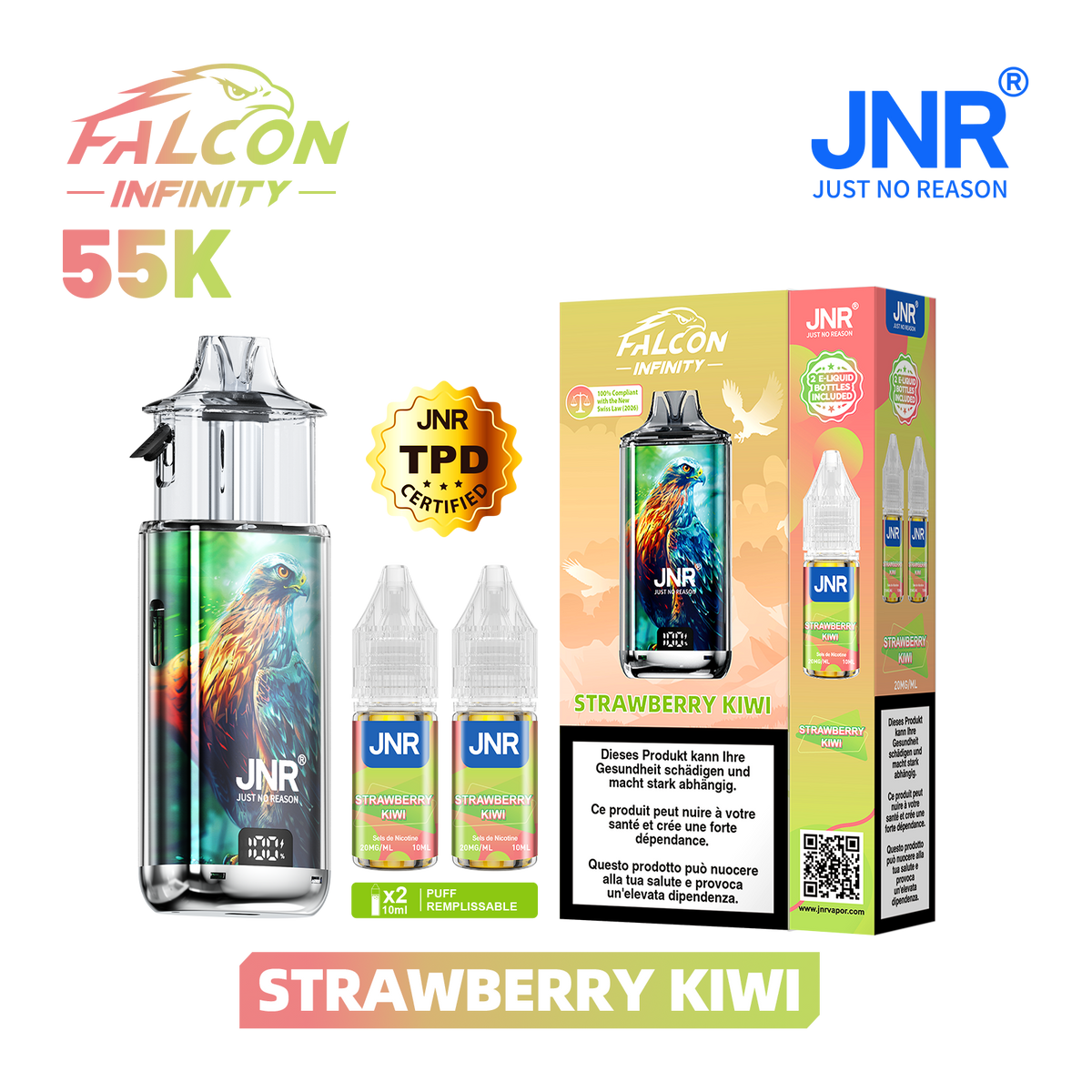 Kit Puff JNR Falcon Infinity 55K - Strawberry Kiwi | Vape Rechargeable + 2 E-Liquides
