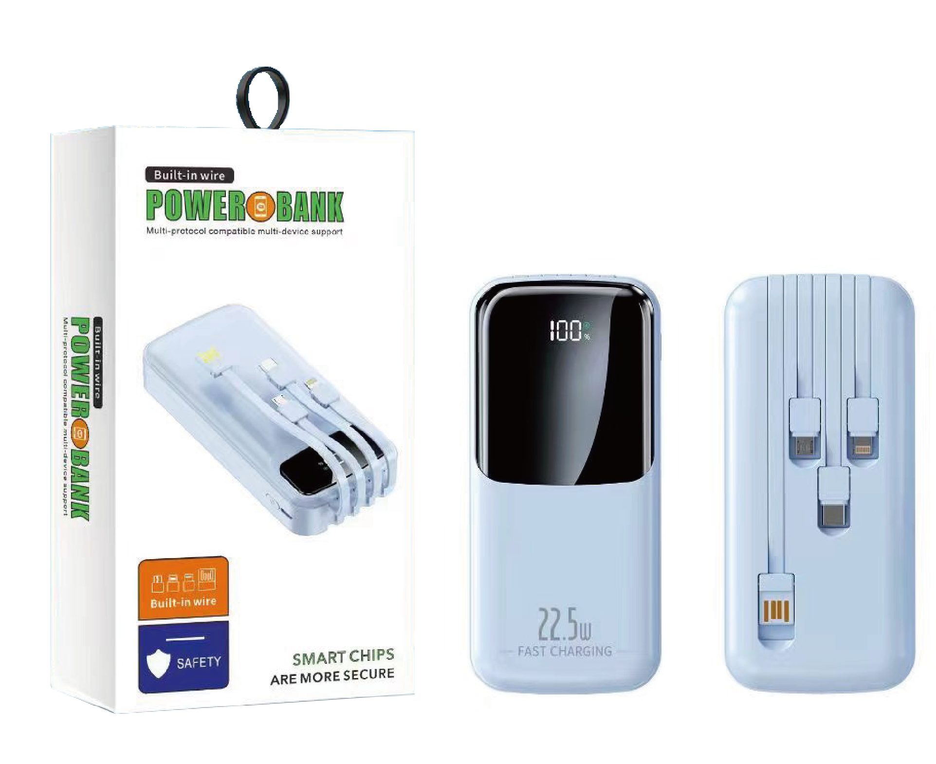 Battery Pack 20000mAh with Built-In Cables (22.5W) - Fast Charging Power Bank with LED Display