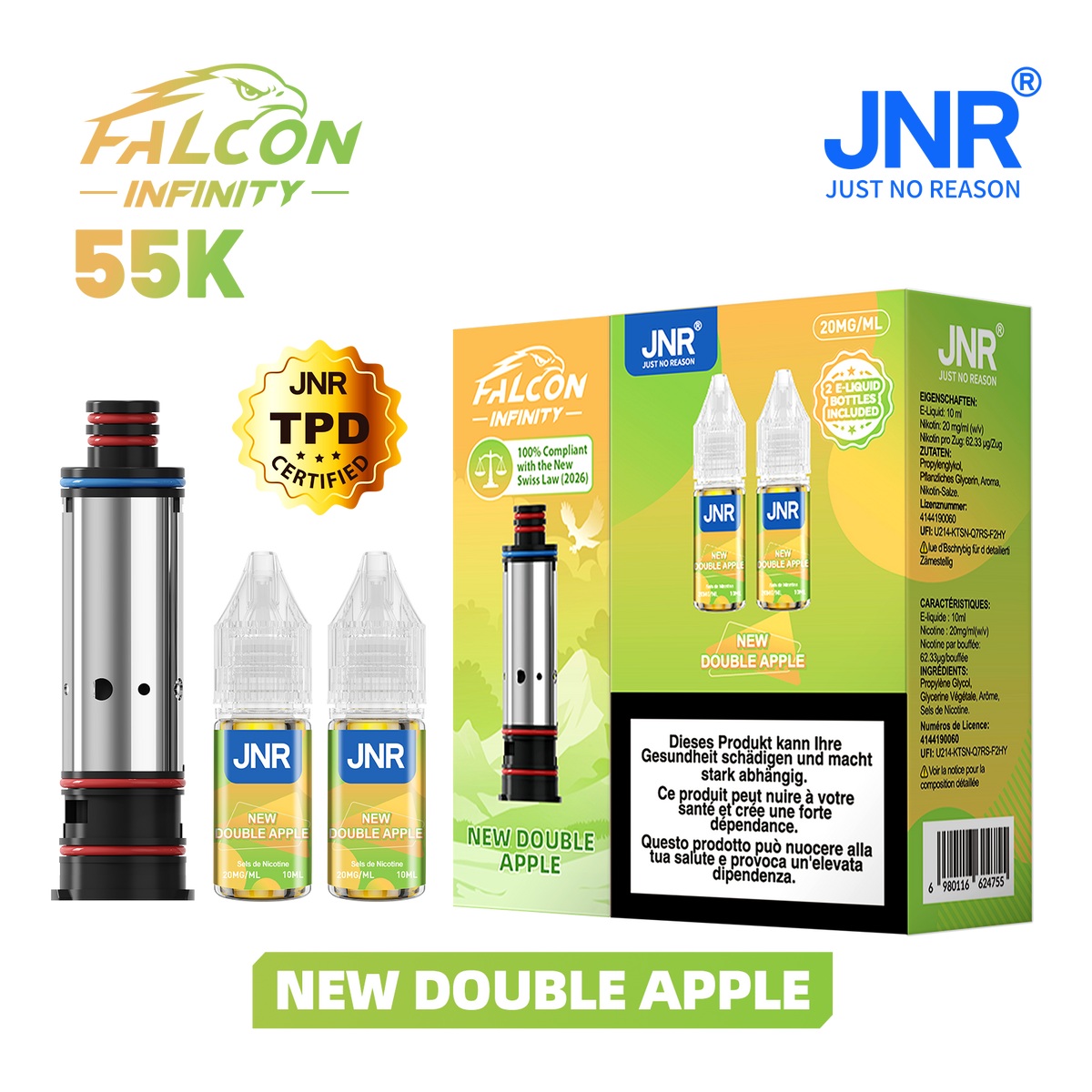 Recharge JNR Falcon Infinity 55K - New Double Apple | Cartouche + 2 E-Liquides