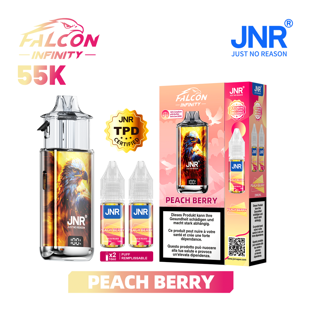 Kit Puff JNR Falcon Infinity 55K - Peach Berry | Vape Rechargeable + 2 E-Liquides