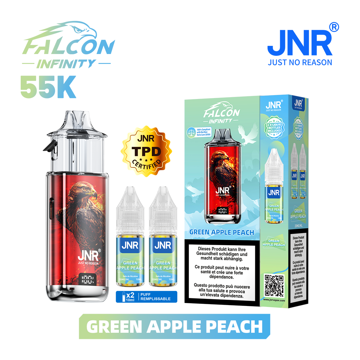 Kit Puff JNR Falcon Infinity 55K - Green Apple Peach | Vape Rechargeable + 2 E-Liquides