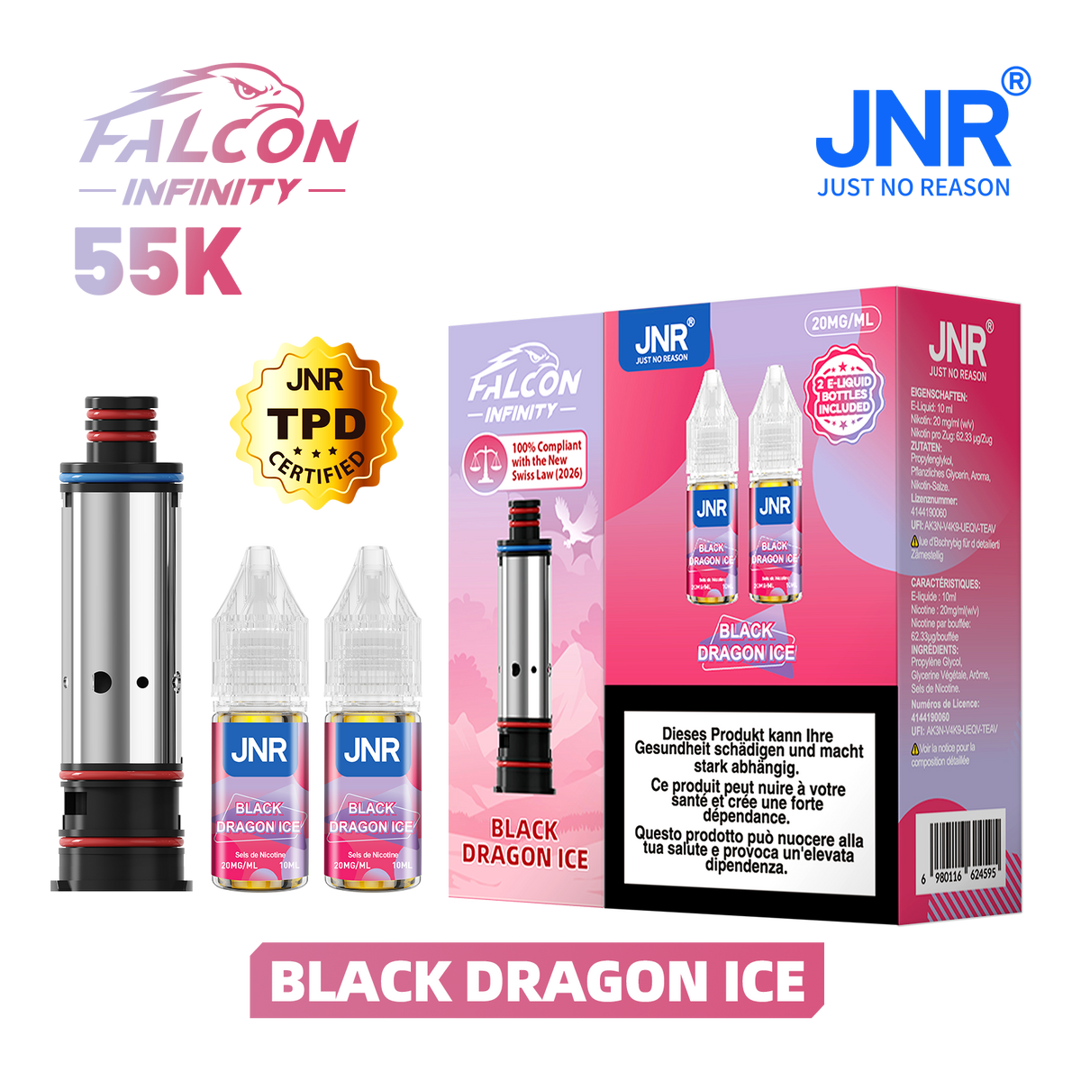 Recharge JNR Falcon Infinity 55K - Black Dragon Ice | Cartouche + 2 E-Liquides