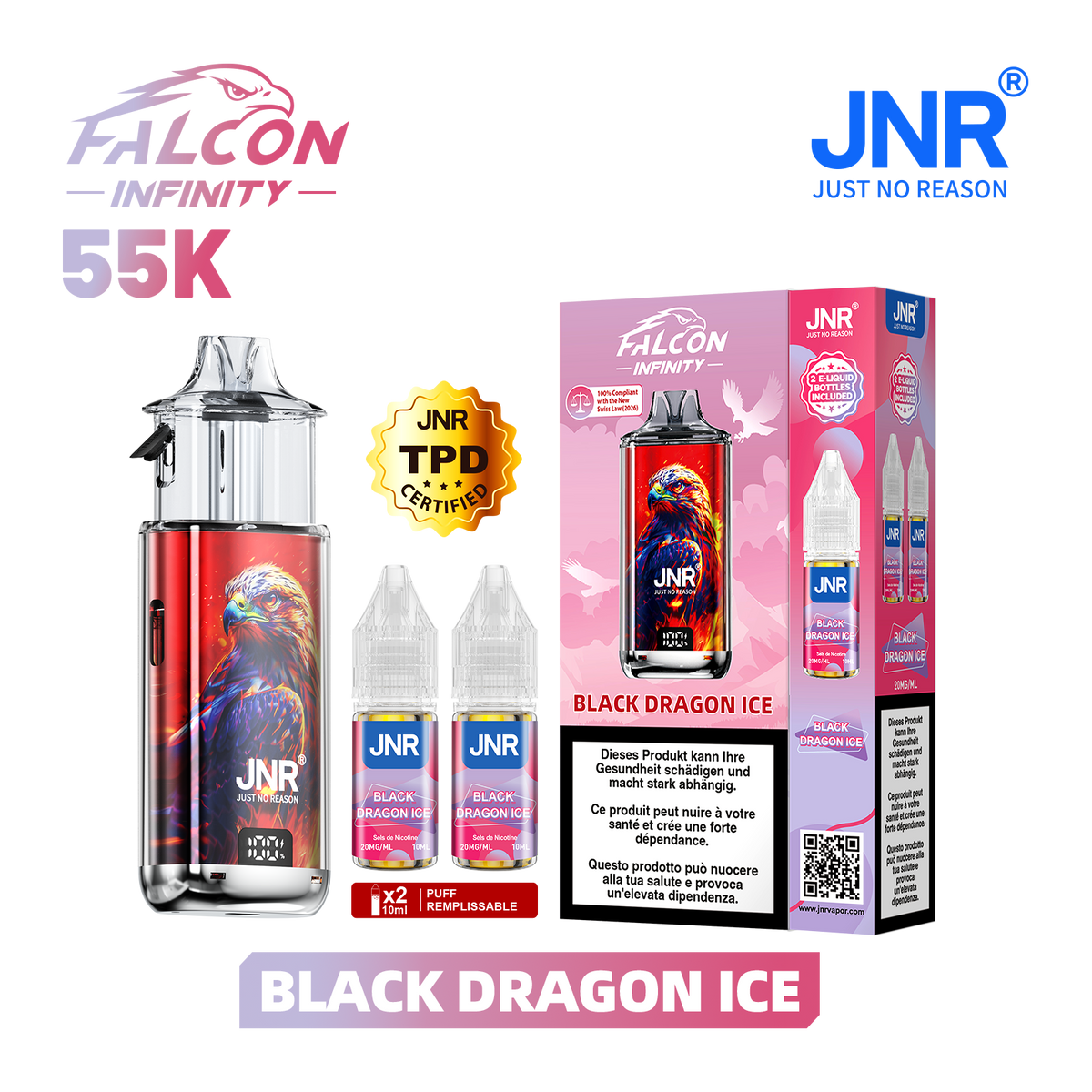 Kit Puff JNR Falcon Infinity 55K - Black Dragon Ice | Vape Rechargeable + 2 E-Liquides