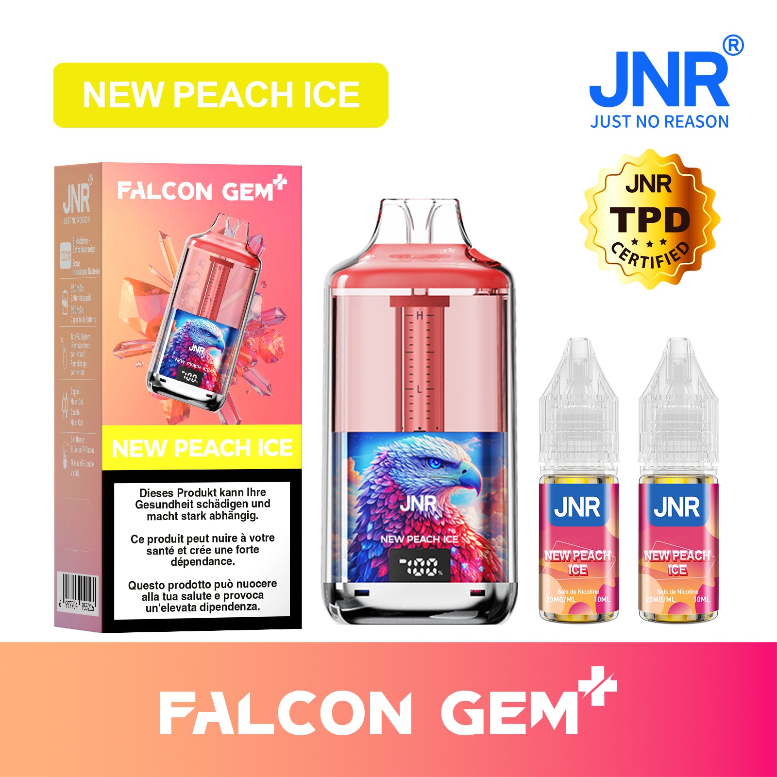 JNR Falcon Gem - New Peach Ice | Vape Rechargeable Pche Glace JNR Falcon Gem - New Peach Ice | Vape Rechargeable Pche Glace