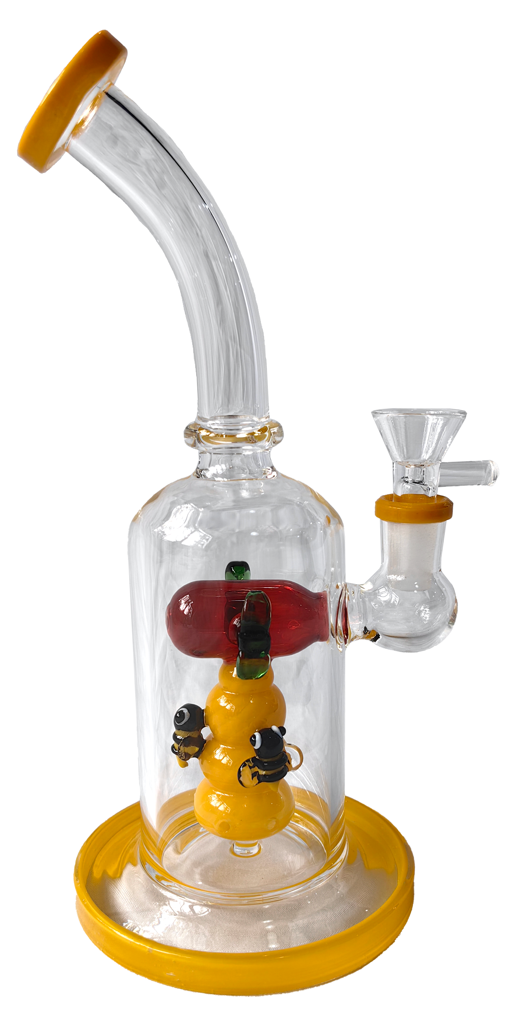 Premium Glass Bong "Bees" 24cm (9.5") - Angled Water Pipe with 3D Percolator