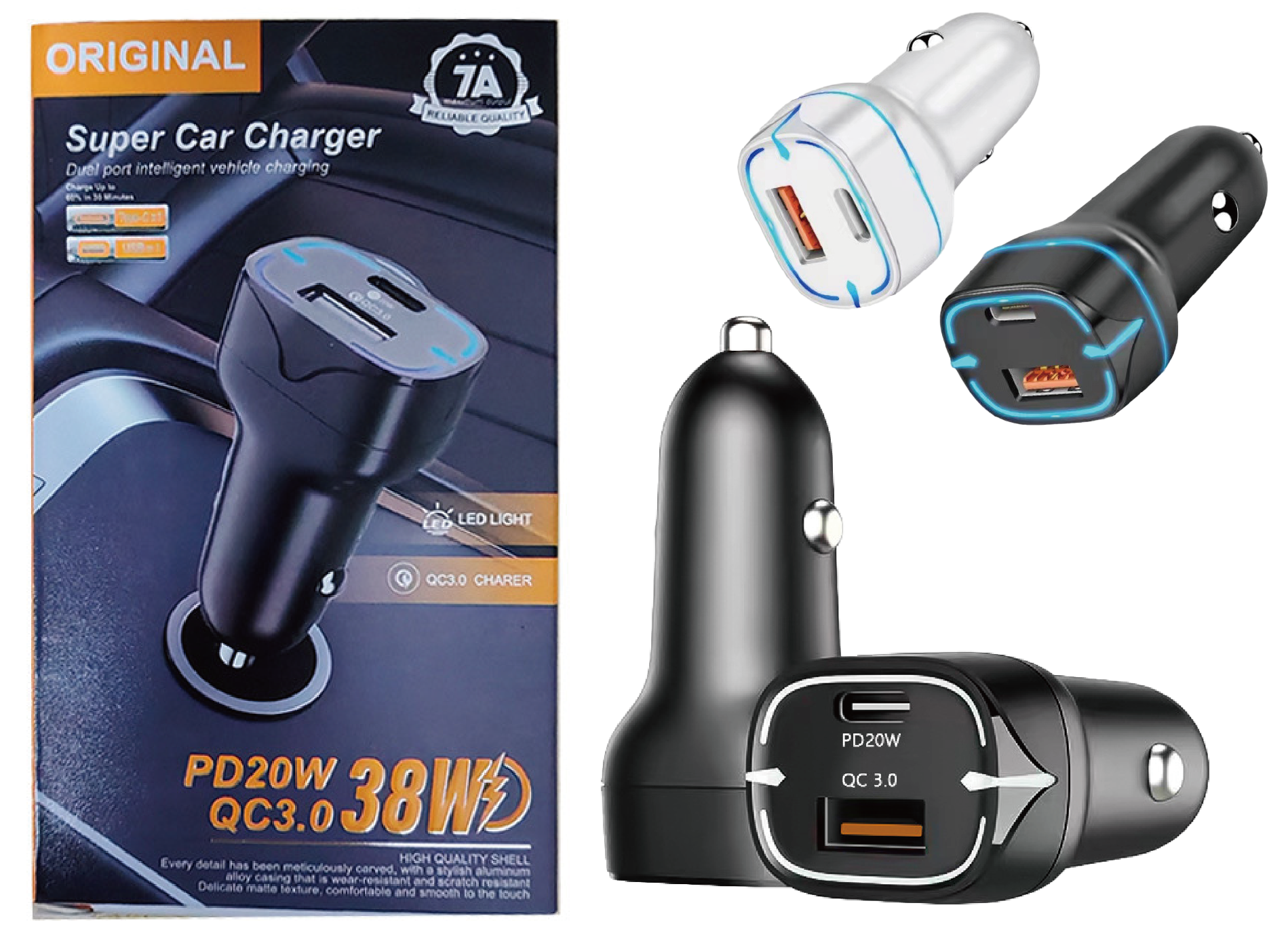 Chargeur Voiture Rapide 38W (PD 20W + QC 3.0) - Double Port USB-C & USB-A Allume-Cigare avec LED
