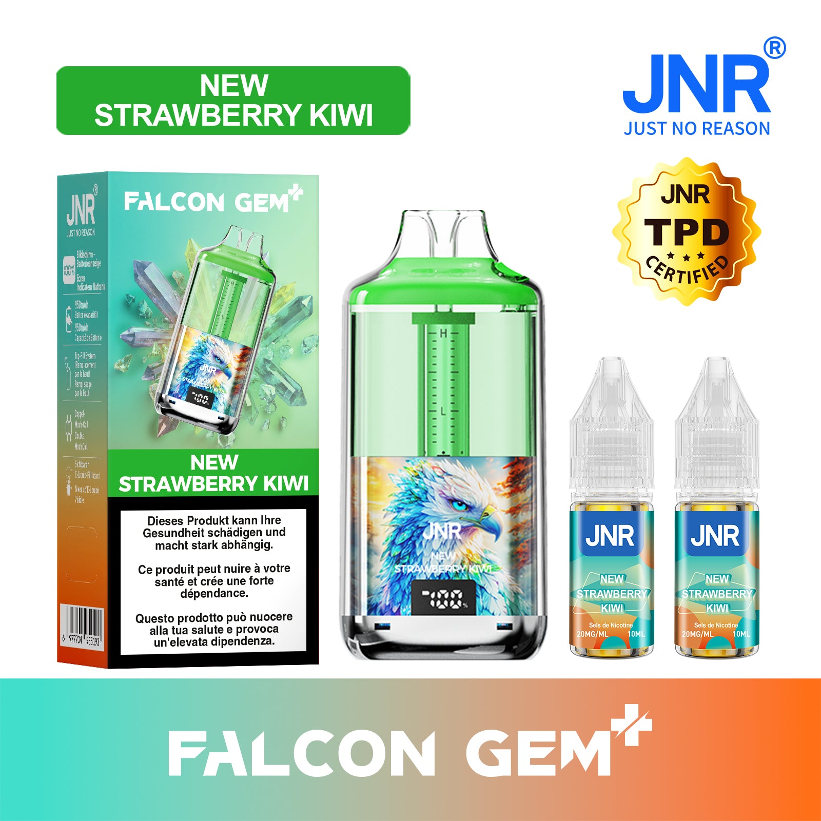 JNR Falcon Gem - New Strawberry Kiwi | Vape Fruitée & Écran Digital