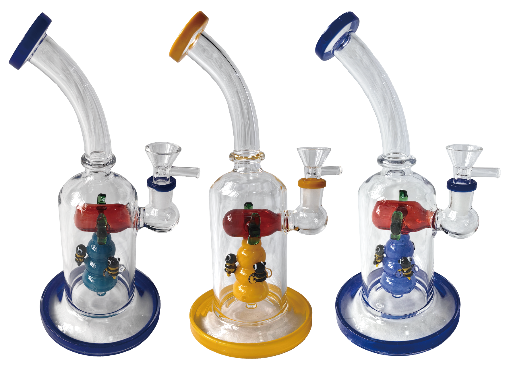 Premium Glass Bong "Bees" 24cm (9.5") - Angled Water Pipe with 3D Percolator