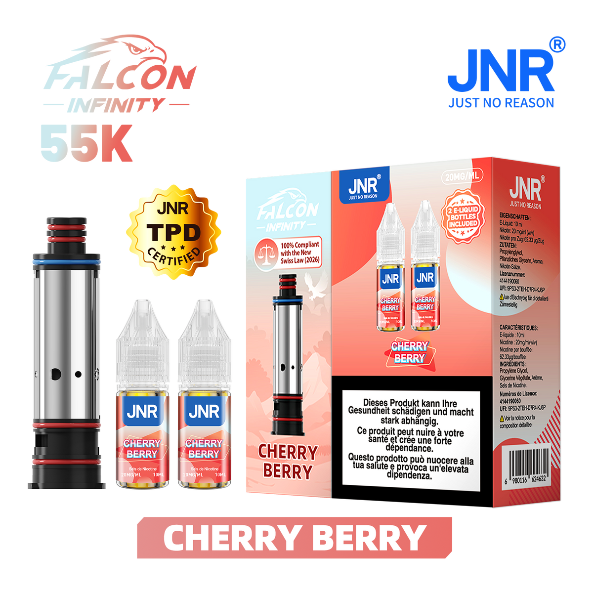 Recharge JNR Falcon Infinity 55K - Cherry Berry | Cartouche + 2 E-Liquides