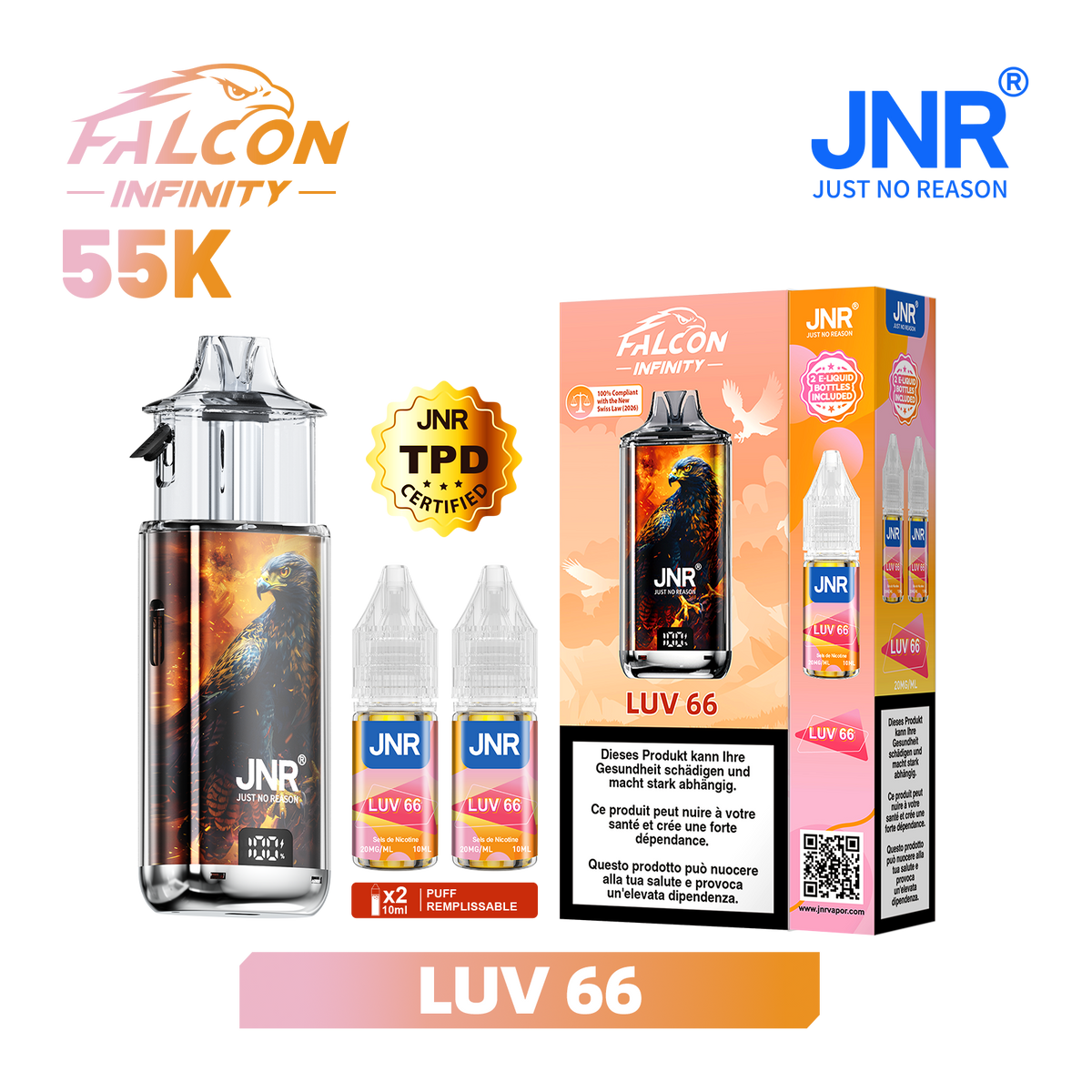 Kit Puff JNR Falcon Infinity 55K - LUV 66 | Vape Rechargeable + 2 E-Liquides