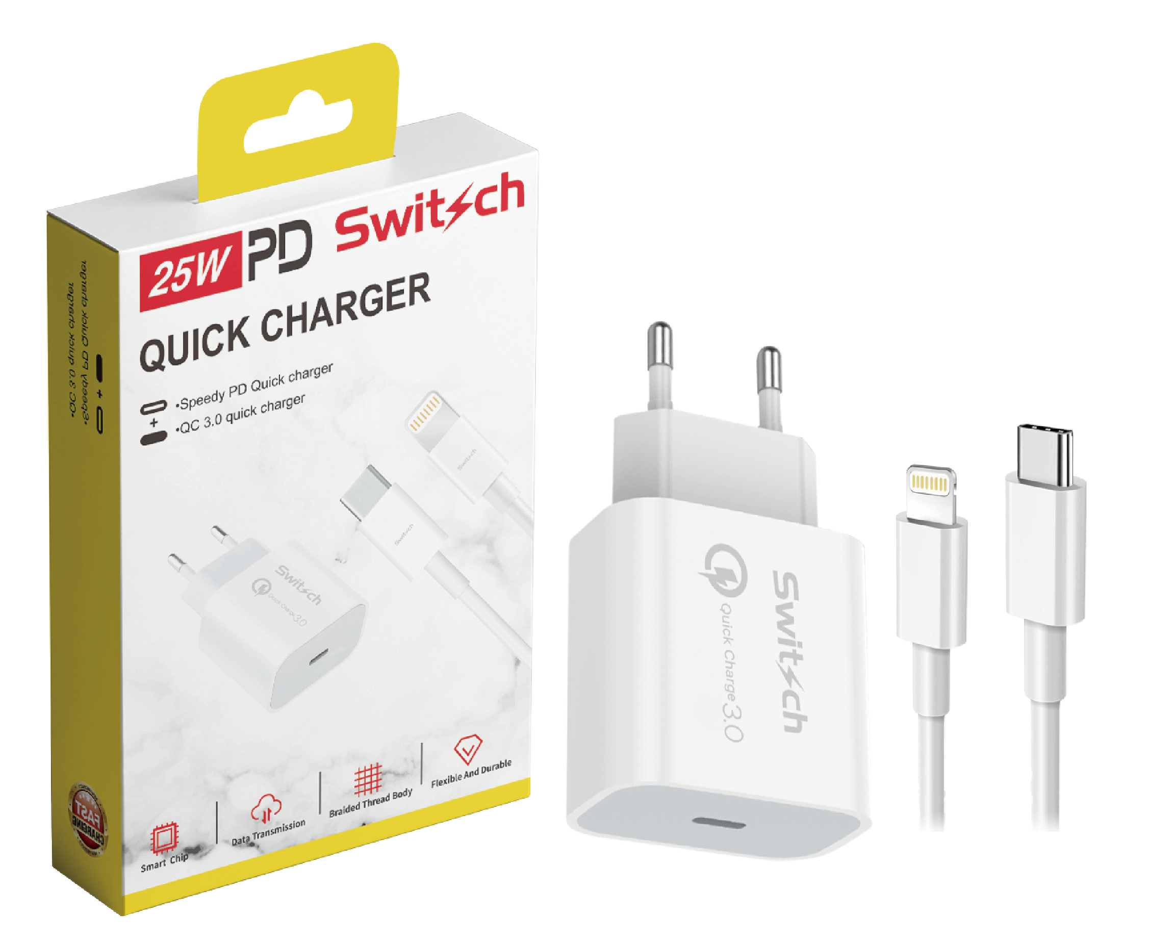 Chargeur Rapide 25W USB-C PD & QC 3.0 avec Câble USB-C vers Lightning (1m) - Pour iPhone 14/13/12/Pro - Switch