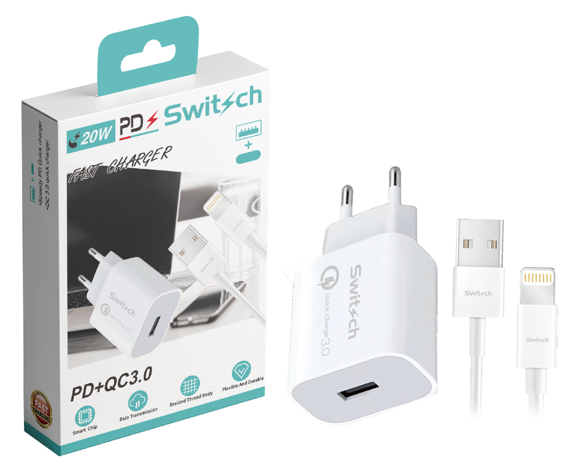 Chargeur Rapide 20W USB-C Power Delivery 3.0 + Câble USB-C vers Lightning - Pour iPhone 14, 13, 12, iPad - Switch